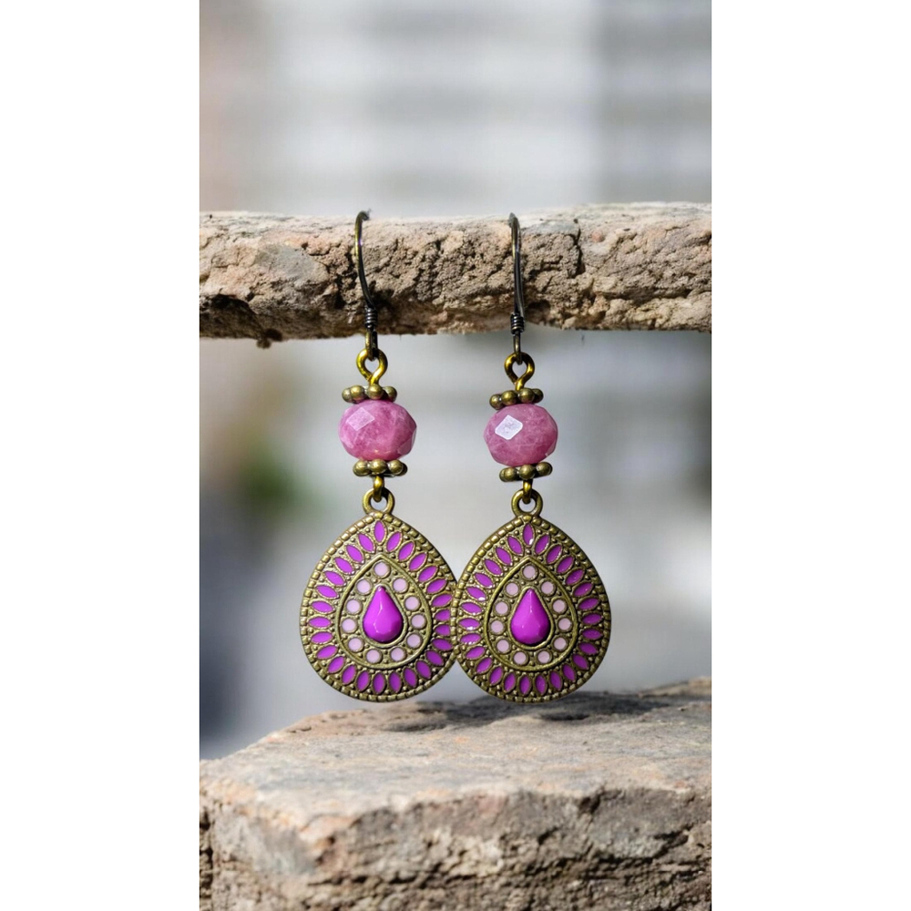 Boho Purple and Lavender Teardrop Dangle Earrings Antiqued Bronze